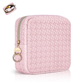Cosmetic Bag Small Makeup Bag for Women Mini Cosmetic Bag PU Leather Mini Checked Portable Travel Cosmetic Accessories Organiser Multifunctional Purse Toiletry Bag for Women, pink