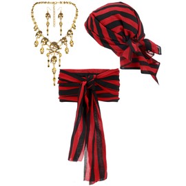 Fourluoo 4 Pieces Pirate Costume Women Pirate Hat Pirate Head Scarf Pirate Sash Belt Necklace Earrings Pirate Accessories(Stripe)