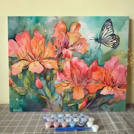 Tucocoo Azalea and Butterfly Paint by Numbers Kits 16x20 inch Canvas DIY Oil Painting for Adults with Brushes and Acrylic Pigment, Watercolor Floral Landscape Picture for Home Decor (Without Frame)