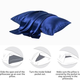 2PCS Mulberry Silk Pillowcase, Silk Pillowcases for Hair and Skin, Hypoallergenic Pillow Cases Soft Smooth Breathable with Hidden Zipper Uk Standard Size 48 X 74 Cm (Navy)