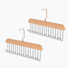 Closet Belt Hanger, 2 Pcs Wooden Sturdy 8-Hook Belt Holder, Space-Saving Belt Tie Rack for Belts Scarves Bras