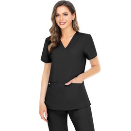 COMENII Scrubs for Women, 3 Pocket V-Neck Tailored Fit Workwear, Anti-Wrinkle Medical Scrub Tops Women-1-Black M
