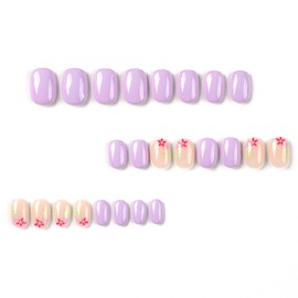 Press on Nails Short Square Fake Nails Glossy Purple False Nails with Tricolor Flowers Press ons Designs Acrylic Nails Press on Artificial Nails Stick on Nails For Women Girls 24Pcs