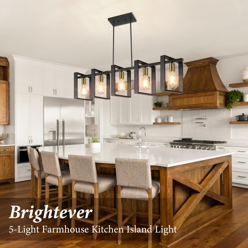 5-Light Black Gold Dining Room Light Fixture, 53’’ Farmhouse Wood