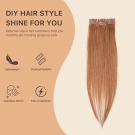 Bella Hair Clip-in Human Hair Extensions Real Human Hair - 30g 6pcs 22 inch Lightweight Straight Remy Human Hair Hairpieces for Highlights & Mix Shades - #30 Medium Auburn