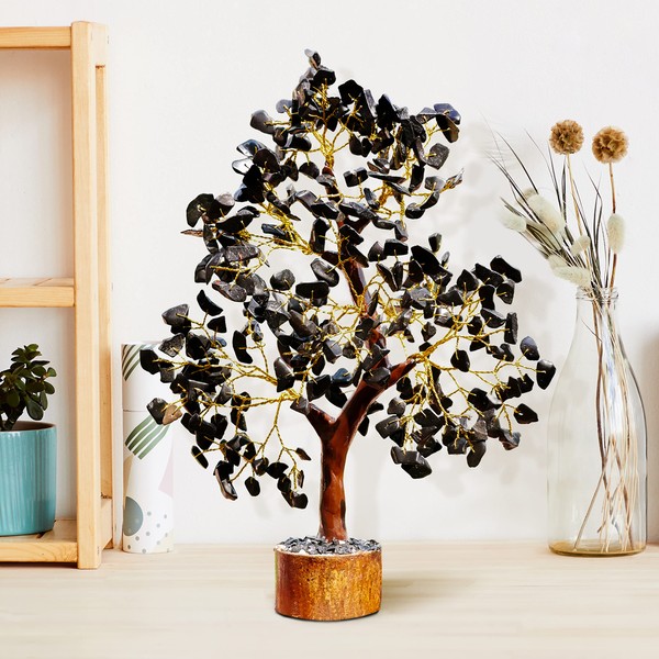 PREK Black Tourmaline Crystal Gemstone Bonsai Money Tree Natural Healing for Good Luck, Wealth & Prosperity Home Office Decor Gift with Golden Wire and 300 Beads Size 10-12 Inches (Black Tourmaline)