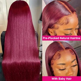 Subella 99j Burgundy 13x4 Transparent Lace Front Wigs Human Hair Pre Plucked with Baby Hair 180% Density Glueless Wine Red Wig Colored Straight 99j Lace Frontal Wig for Black Women (18inch)