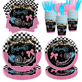 Owelleny Burnouts or Bows Gender Reveal Plates and Napkins Decorations, He or She Gender Reveal Party Supplies, Paper Plate, Cup, Napkin, Cutlery, Race Car vs Bows Baby Shower Decorations, Serves 24