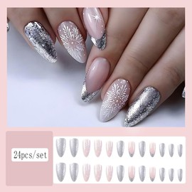 Carufin Pack of 24 Christmas False Nails Sparkling Sequins Snowflake Fake Nails Long Round Head Nail Press On False Nails (A)
