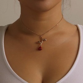 Cybche Boho Red Rose Flower Pendant Necklace Rose Flower Choker Necklace Chain 3D Rose Necklace Romantic Rose Chain Necklace Gold Rose Leaf Necklace Jewelry for Women