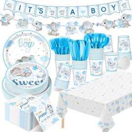 405 Pcs Baby Shower Tableware Set It's a Boy Elephant Decoration A Little Peanut Is On The Way Baby Shower Plates and Napkins Supplies Include Tablecloth Banner Cups for 50 Guests Blue Spring Theme