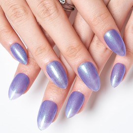 GLAMERMAID Jelly Press on Nails Short Almond- Handmade Gel Nails Series | Blue Purple Glitter Galaxy Fake Nails Medium Length Shimmer False Nail Kits for Women Girls, Reusable Stick Glue on Nails Sets