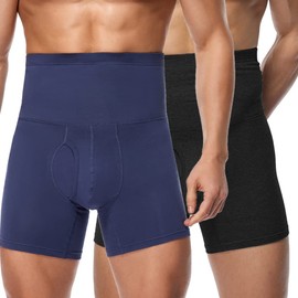 Derssity Men's Boxer Shorts, Pack of 2, Cotton Underpants, High Waist, Figure-Shaping Underpants, Tummy Control Retro Shorts, Trunks, Black / Dark Blue, M-L