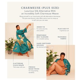 KIM+ONO Women's Plus Size Charmeuse Kimono Robe Long - Watercolor Floral - Peony & Butterfly - Emerald (green)