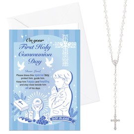 HOWAF First Holy Communion Cards Boys, First Communion Cards for Boys Holy Communion Card First Holy Communion Card Rosary Beads Catholic Pearl Cross Necklace Kids First Holy Communion Gifts for Boys