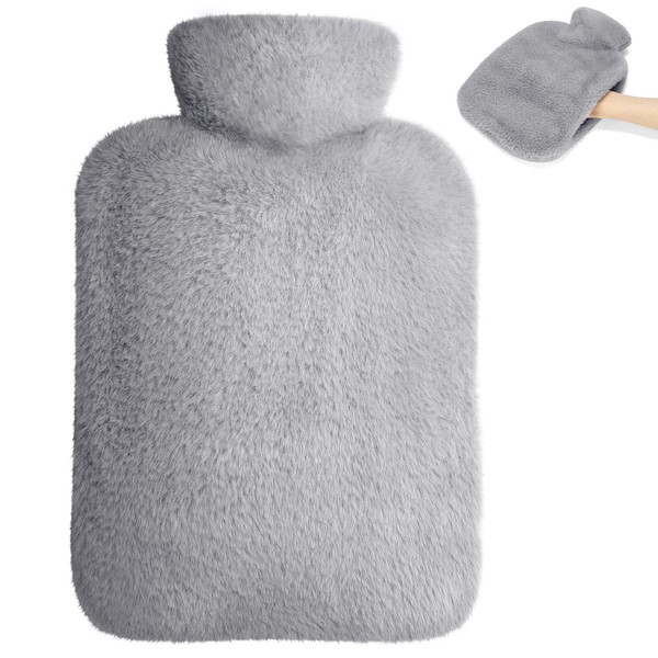 WT Hot Water Bottle with Soft Cover, Leak-Proof, 2L Large Hot Water Bottles with Kangaroo, Hand Warmer for Children and Adults (Light Grey)