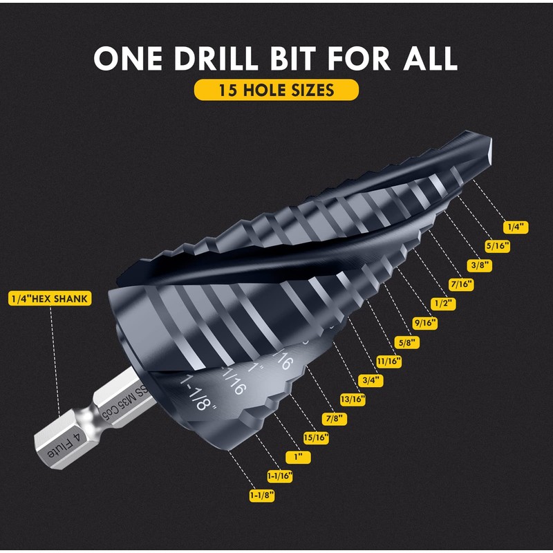 MACXCOIP 1/4"-1-1/8" Four Sprial Flute M35 Cobalt Step Drill Bit