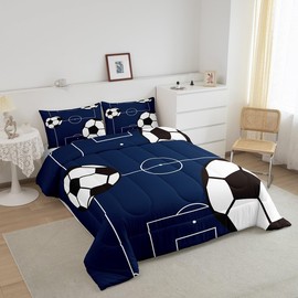 jejeloiu Football Comforter Set Full Size Kids Soccer Ball Pattern Comforter for Boys Girls Teens Sports Theme Bedding Set Breathable Football Court Duvet Set Room Decor Quilt Set
