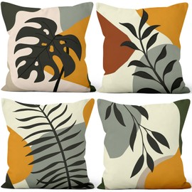 Aoihrraan Cushion Covers Set of 4, Minimalist Leaf Throw Pillow Covers Yellow Black Geometry Leaves Soft Short Plush Square Pillowcase for Sofa Couch Bedroom Car Chair Home Decor 16"x16"