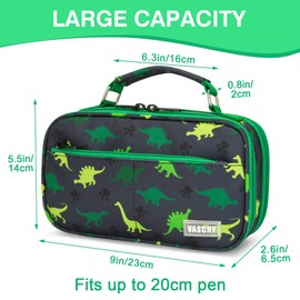 VASCHY Pencil Case, Large Pencil Pouch with Multi-compartments for School, Work, Office Portable Pencil Cases for Kids, Girls and Boys with Top Handle Zippered Stationary Organiser,Black Dinos
