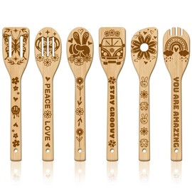 GLOBLELAND Set of 6 Skeleton Bamboo Cooking Utensils Set Made of Wood with Engraving, Cooking Spoon Set, Carving, Bamboo Spatula Set, Wooden Cooking Spoon for the Kitchen, Funny Housewarming Gift