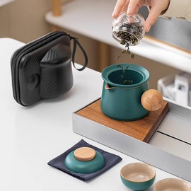 fanquare Travel Ceramic Tea Pot Set Chinese Tea Mug with Ball Handle, Infuser, 2 Small Cups and Portable Bag for Home Outdoor Trip, Cute Tea Service for Picnic, Green
