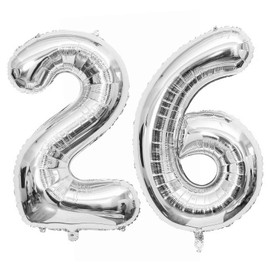 Silver 26 Number Balloons, 40 Inch Giant Number 26 Balloons Foil Mylar Helium Silver Number Balloons for 26th Birthday Party Supplies Anniversary Event Celebration Decorations