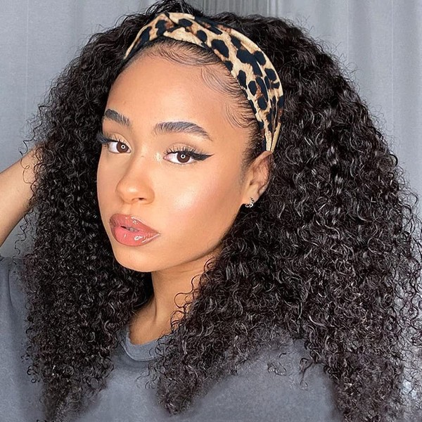 Eooma Curly Headband Wig Human Hair Wigs for Black Women (14 inch) Brazilian Curly None Lace Front Wigs Human Hair Scarf No Gel Gluelees Remy Hair Headband Wig