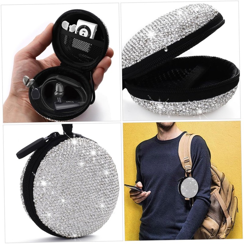 jojofuny 1pc Rhinestone Earphone Storage Case Portable Data Cable Organizer