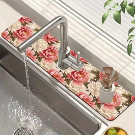 Beautiful Peony Sink Faucet Absorbing Mat Bright Peonies Super Absorbent Fast Drying Mat Sink Gadgets Behind Faucet Sinkmat for Kitchen Bathroom, 23.5"x5.5"