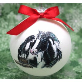 H650 Hand-made Christmas Ornament - horse & cat - B&W nuzzling cuddling (red)