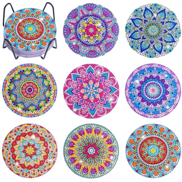 Dmiuhbl 8Pcs Mandala Diamond Art Coasters kits with Holder 5D