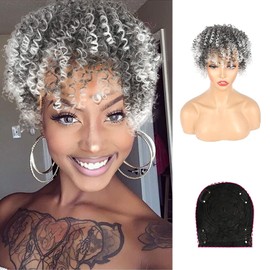KRSI Gray Curly Hair Topper with Bangs Clip in Hair Extensions for Black Women Finger Coil Hair Afro Wig Mens Hair Piece Unite Hair Products Salt and Pepper Wigs for Women Toupee for Men(1B/Gray)