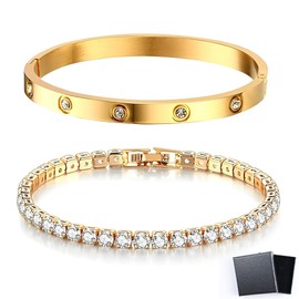 LACHT 2 pieces women's gold 17 cm crystals tennis bracelet 6 mm wide cubic zirconia bangle for women, waterproof tennis bracelet with stainless steel bracelets set gifts for women