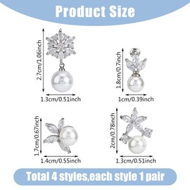 UNICRAFTALE 4 Styles Pearl Drop Earrings Cubic Zirconia Pearl Earrings Wedding Bridal Stud Earrings Pearl Zirconia Silver Earrings Prom Jewellery For Women Brides Bridesmaids, No