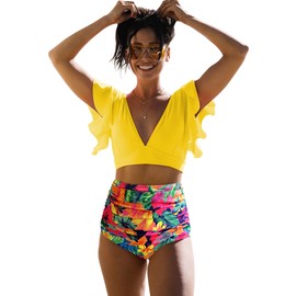 SPORLIKE Women Ruffle High Waist Swimsuit Two Pieces Push Up Tropical Print Bikini (Floral/Yellow 3, Small)