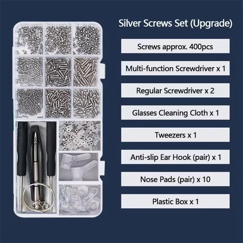 Assorted Eyeglass Repair Kit with Screws, Nose Pads, Screwdrivers and