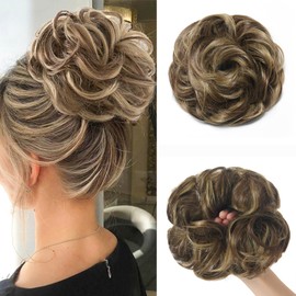 BwelsZJ Large Messy Bun Hair Piece Brunette/Ash Blonde Curly Synthetic Hair Scrunchies Fake Hair Extension Chignon Updo for Women