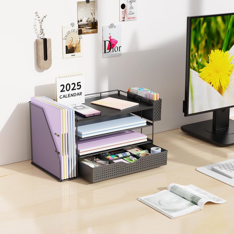 gianotter Wood Desk Organizers and Accessories with File Holder, 4-Tier