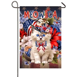 4th of July Patriotic Cat Garden Flag for Outside 12x18 Inch Double Sided America Flowers Meowica Cute Kitten Memorial Day Independence Day Yard Flag Outdoor Porch Lawn Decoration