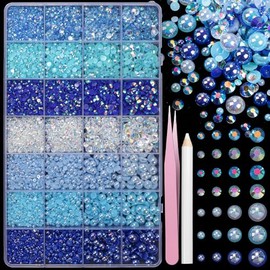 22000 Pcs Blue Flatback Pearls and Rhinestones for Crafting, Resin Rhinestones Gems Pearls for Bedazzling, Mixed Size 3-6mm Half Pearl Gems Beads for Nails Face Eyes Makeup Bottles Shoes DIY Crafts