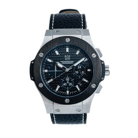HYAKUICHI 101 Hyakuichi Watch, Waterproof, 322.8 ft (100 m), Chronograph, Date Display, Silver Black Carbon, Black Leather Strap, Black, Classic