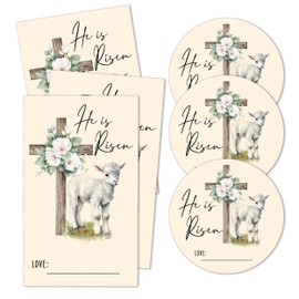 Happy Easter Stickers for Kids, He is Risen Stickers, Floral Religious Stickers Label, Self-Adhesive Stickers for Easter Holiday Party Gift Bags Snack Bags, 20 Round and 20 Square Stickers-C10