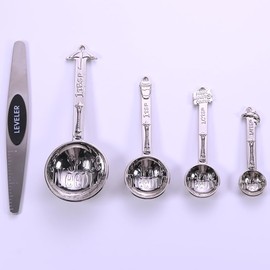 Yulinmon 4 Pack Metal Measuring Spoons Set with Magnetic Stainless Steel Leveler, Thin Hanging Knob Lanyard, for Accurately Measuring Spice Amounts In Kitchen Cooking and Baking - Space Needle.