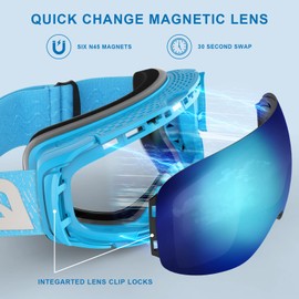 EMSINA A1 Ski Goggles Men,Ski Goggles Women.Anti-Fog/Scratch 100% UV400-Magnetic Lens-Snowboard Snow Goggles Men Women Adult & Junior(S3- Blue Frame/Revo Iceblue lens Vlt 10%) Junior