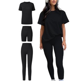 ZFLM Casual Workout Three-Piece Leggings Short Sleeve Crew Neck Streetwear Loungewear