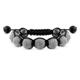 Bling Jewelry White Clear Pave Crystal Shamballa Inspired Bracelet for Women for Men Hematite Ball Black Cord String Adjustable
