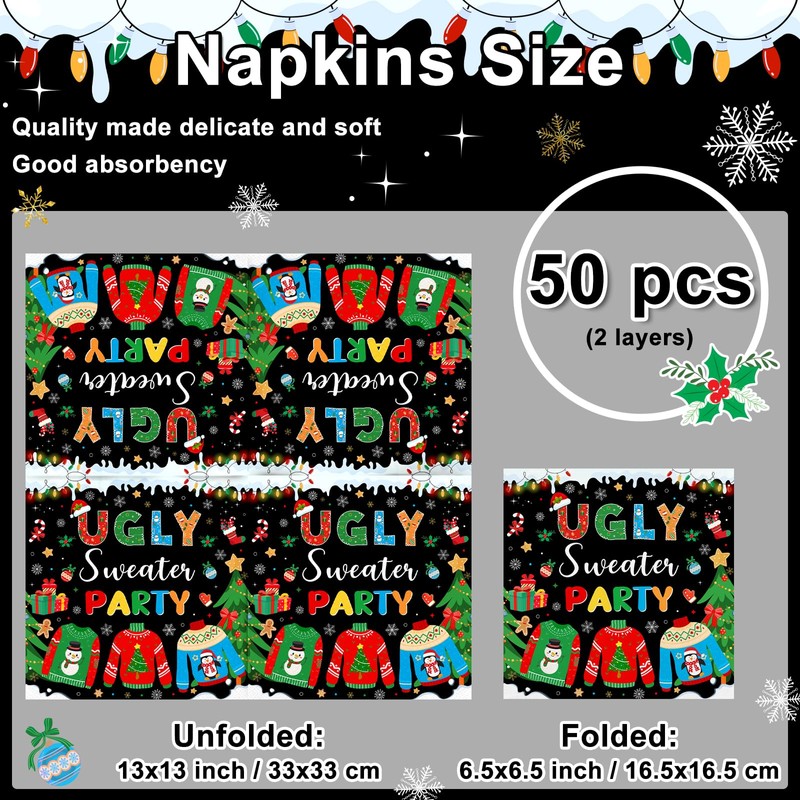 50 pcs Ugly Christmas Sweater Party Decorations Paper Napkins 6.5