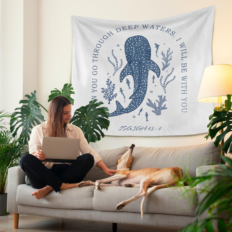 HUGANE Whale Shark Christian Tapestry, Isaiah 43:2 Bible Verse Tapestry