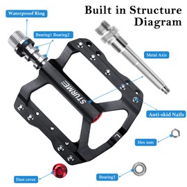 STURME Bike Pedals, with 3 Sealed Bearings CNC Aluminium 9/16“ Non Slip Anti Dust MTB Pedals for Mountain Bike/Road Bike/E-Bike/Trekking/BMX/DMR/City Bicycle Pedals. (Black)